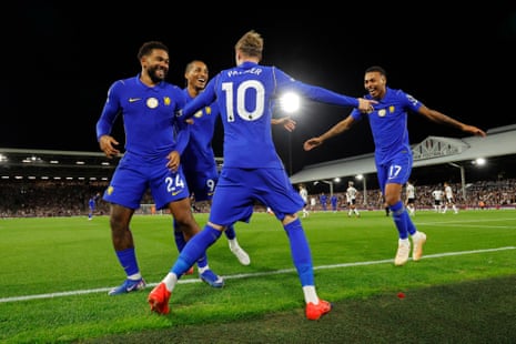 Palmer celebrates with Joao Pedro and Morgan Rogers.