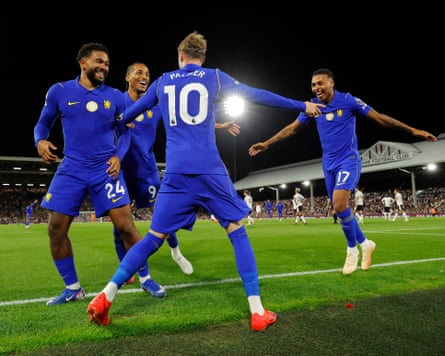 The Chelsea players (left to right) Reece James, João Pedro, Cole Palmer and Morgan Rogers celebrate a goal during their side’s 3-2 Premier League win away to Fulham.