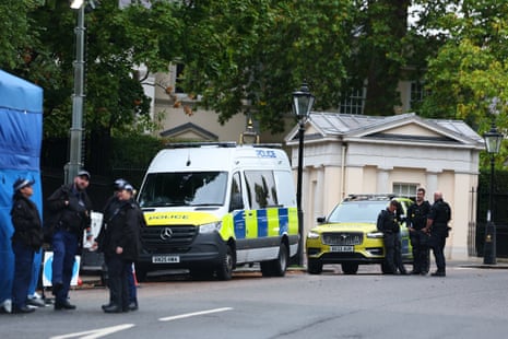 Police officers standing outside the US ambassador's residence Winfield House in London, where Donald Trump stayed overnight ahead of his visit to Windsor Castle today.