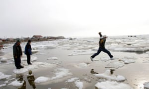 people jump over ice and water