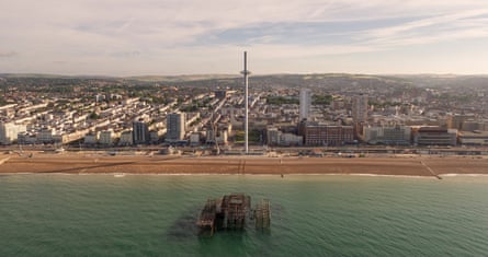 A drone image of the British Airways i360 on the Brighton seafront.