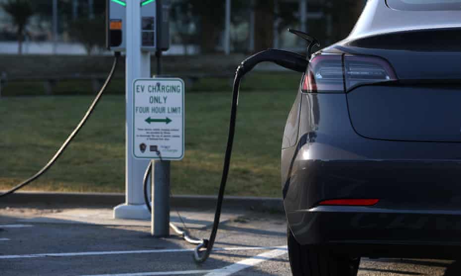 An electric vehicle is recharged in San Francisco, California. 