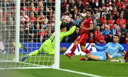 Mohamed Salah watches his shot beat Ederson to put Liverpool 2-1 ahead after a brilliant solo run from the Egyptian.