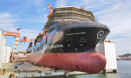 A krill transportation vessel under construction at a yard in Yantai, China, in 2020.