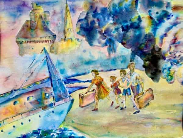 Watercolor by Irène Probstein depicting her family's escape from St Malo
