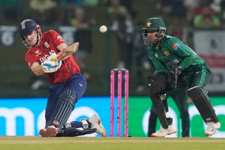 England's captain Harry Brook plays a sweep on his way to a superb century against Pakistan
