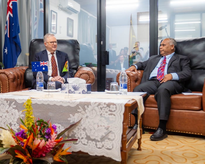 Australia politics live: Vanuatu PM in Canberra as hopes rise over treaty; fossil fuel companies accused of marketing…