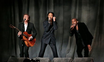 Kanye West’s last appearance at the Grammys, performing with Paul McCartney and Rihanna in 2015.