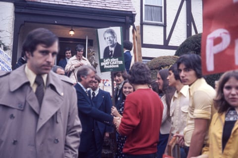 Jimmy Carter greets supporters during a campaign event in Brockon, Massachusetts, in 1976.