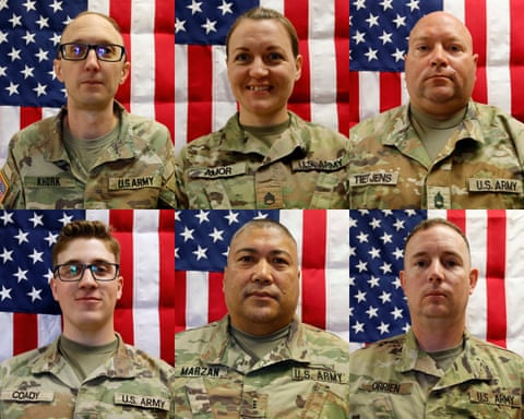 Six headshots of service members in fatigues with the US flag behind them