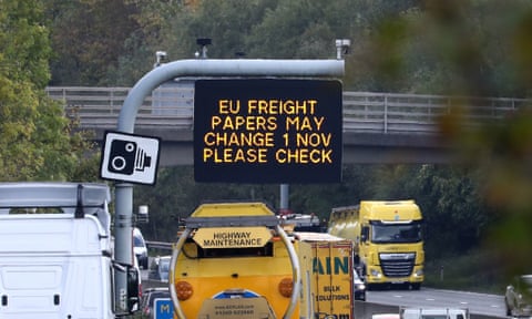 A sign over the M25 motorway in Surrey warning lorry drivers about Brexit