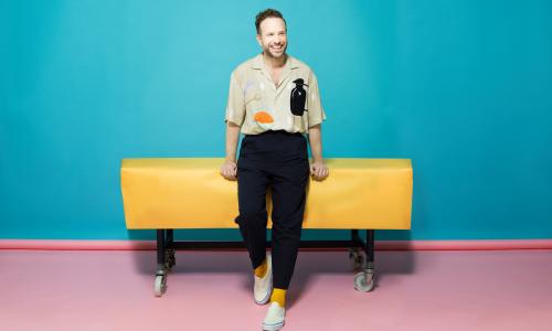 ‘I’m in the sweet spot’: Rafe Spall wears shirt by Jacquemus at matchesfashion.com; trousers by Raey at matchesfashion.com; socks by newandlingwood.com and his own trainers.