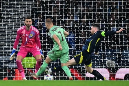 Evgeni Malashevich shoots for Belarus against Scotland