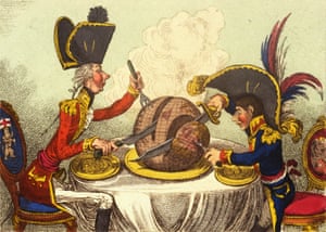 James Gillray's 1805 cartoon, The Plumb Pudding in Danger, depicts prime minister William Pitt and Napoleon Bonaparte carving up the world