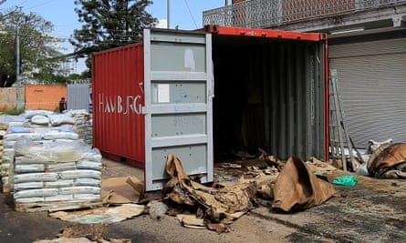 A container where authorities found decomposed bodies inside a fertiliser shipment that left Serbia three months earlier is seen in Asunción, Paraguay, on 23 October.