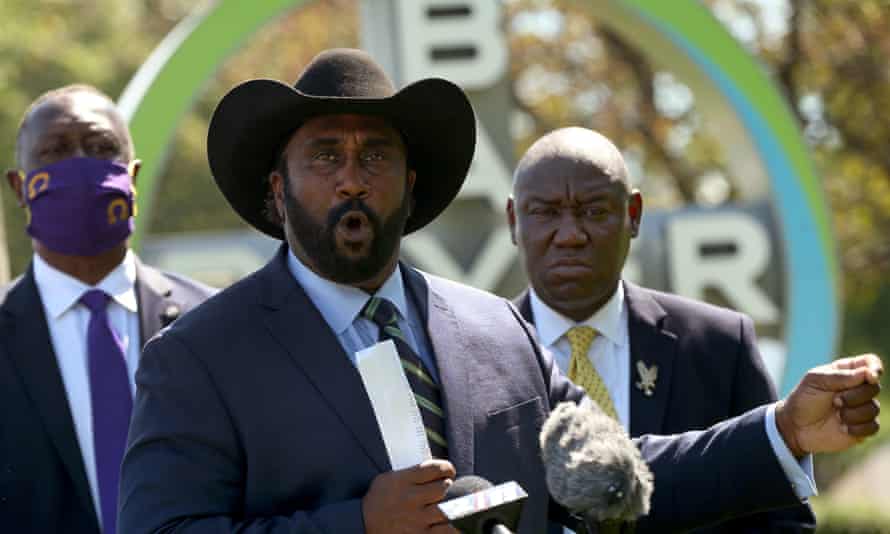 John Boyd Jr., center, president and founder of the National Black Farmers Association, speaks at a press conference on 26 August 2020.