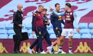 Villa’s Jack Grealish remonstrates with fourth official Anthony Taylor at full time.