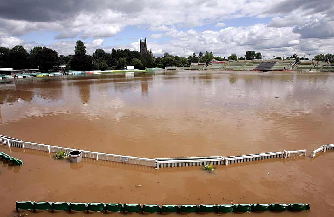a view across a flooded Worcestershire Cricket Ground at New Road