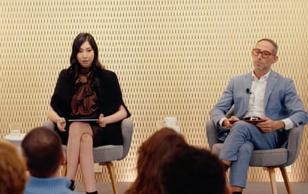 Gene technology entrepreneur Cathy Tie sitting alongside Harvard lawyer and bioethicist Prof I Glenn Cohen at a debate in April 2026