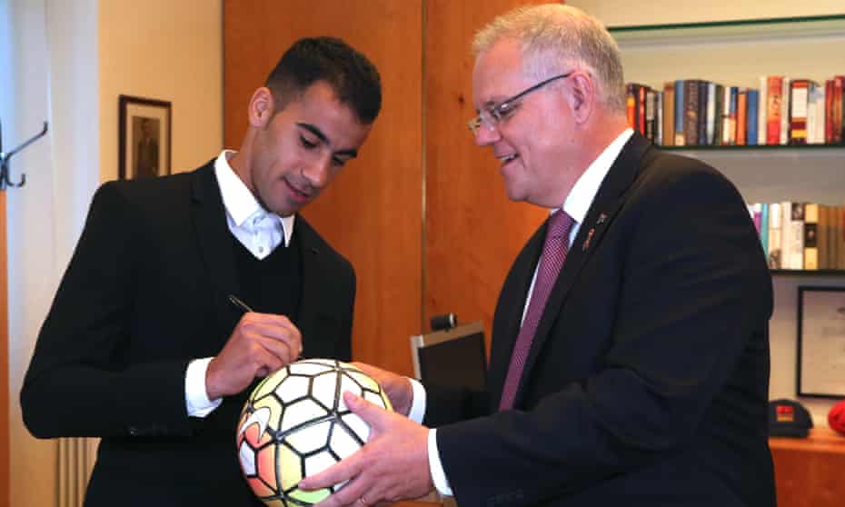 Hakeem al-Araibi meets with prime minister Scott Morrison in Parliament House Canberra this morning. Thursday 14th February 2019. Photograph by Mike Bowers. Guardian Australia