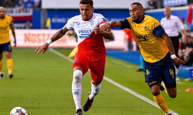 Rangers’ Champions League progress at risk after Union St-Gilloise defeat | Champions League 2 James Tavernier (left) up against Loïc Lapoussin in Belgium