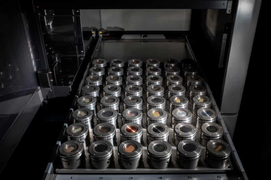 Lava samples melted and transformed into glass discs for X-ray fluorescence analysis.