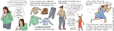 A series of cartoon images of a scruffy woman trying to find something to wear for a wedding, panel 1