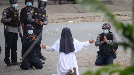 Myanmar: nun begs police to spare protesters – video