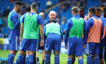Kevin Blackwell addresses Cardiff’s players before September’s game at home to Burnley.