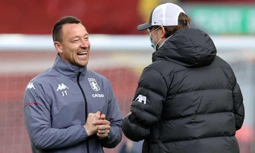 John Terry as Aston Villa's assistant coach with Jürgen Klopp ahead of Liverpool's home game against Villa in April 2021.
