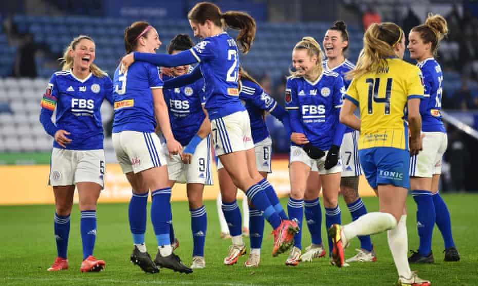 Sam Tierney (second from left) after her header doubled Leicester’s lead over Birmingham
