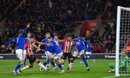 Jan Bednarek gives Southampton an early lead against Leicester at St Mary’s Stadium.