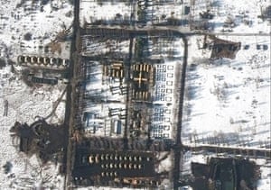 A satellite image made available by Maxar Technologies shows a close up of a field hospital and troop deployment in western Belgorod, Russia.