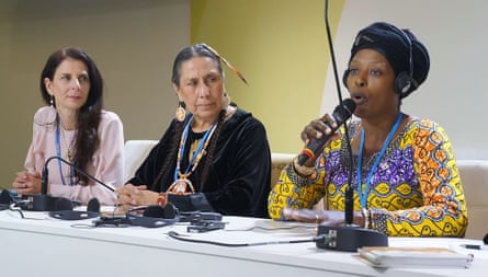 From left to right: Osprey Orielle Lake, Casey Camp Horinek (Ponca nation leader, Indigenous Environmental Network representative) and Neema Namadamu at Cop21 negotiations in Paris, France.