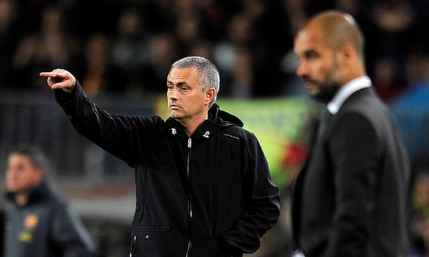 José Mourinho and Pep Guardiola on the touchline during the clásico at Camp Nou in 2012. Real Madrid won the match 2-1.