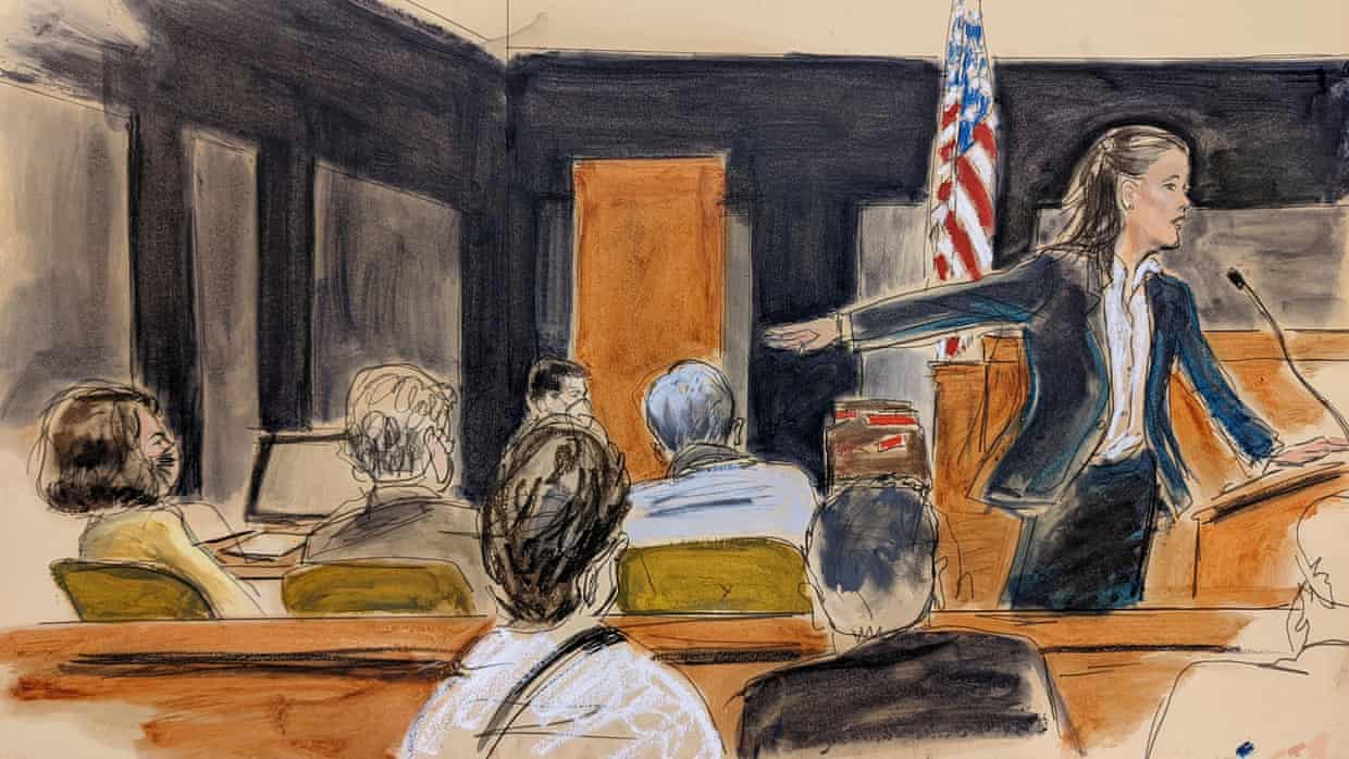 Courtroom sketch of prosecutor Maurene Comey gesturing while presenting rebuttal at a podium