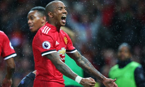 Ashley Young celebrates after his shot is deflected in by Lewis Dunk for Manchester United’s winner