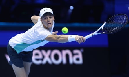 Jannik Sinner in action during his 6-4, 6-4 win over Stefanos Tsitsipas.