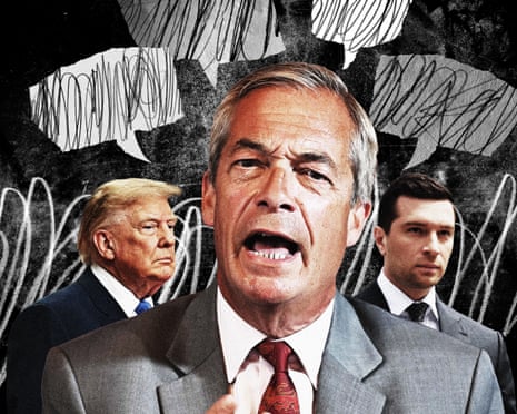Montage of Nigel Farage, Donald Trump and Jordan Bardellaa