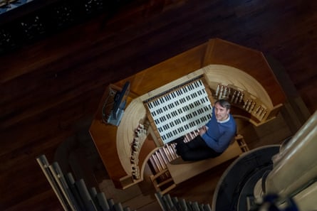 Olivier Latry at the Great Organ of Notre-Dame Cathedral in Paris, photographed before the fire and restoration.
