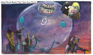 Martin Rowson cartoon, 19/5/22: inflation bubble monster holds balloon ohnson