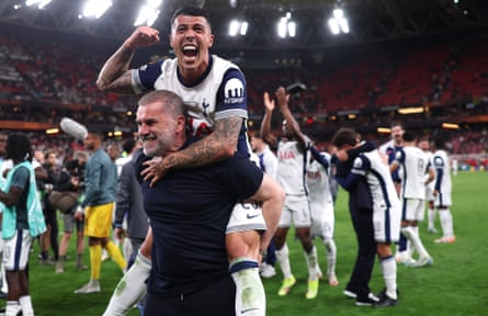 Ange Postecoglou gives Porro a piggyback at San Mamés after their Europa League triumph