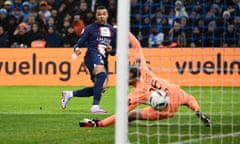 TOPSHOT-FBL-FRA-LIGUE1-MARSEILLE-PSG<br>TOPSHOT - Paris Saint-Germain's French forward Kylian Mbappe scores his team's third goal during the French L1 football match between Olympique Marseille (OM) and Paris Saint-Germain (PSG) at the Velodrome stadium in Marseille, southern France on February 26, 2023. (Photo by CHRISTOPHE SIMON / AFP) (Photo by CHRISTOPHE SIMON/AFP via Getty Images)