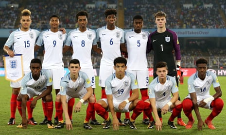 The England team that started the semi-final against Brazil. Clockwise from top left: Latibeaudiere, Brewster, Oakley-Boothe, Panzo, Guehi, Anderson, Hudson-Odoi, McEachran, Gibbs-White, Foden, Sessegnon. 
