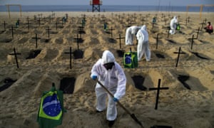 Activists of the NGO Rio de Paz in protective gear dig graves on Copacabana beach to symbolise the dead from coronavirus during a demonstration in Rio de Janeiro, Brazil, 11 June 2020.