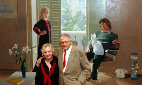 David Hockney stands with Celia Birtwell in front of his 1971 painting of her, Mr and Mrs Clark and Percy.