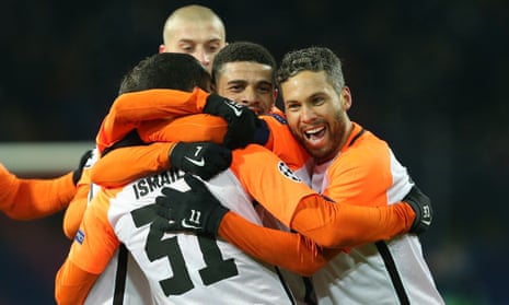 Shakhtar Donetsk’s Ismaily celebrates with his teammates.