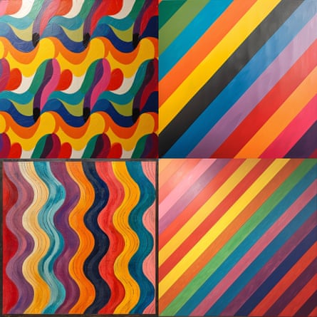 لوحة مكونة من أربعة أعمال فنية مرتبة في مربع وتتميز بخطوط معقدة ومتعرجة ومتداخلة بألوان زاهية