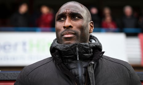 Sol Campbell, manager of Macclesfield Town, pictured at Cheltenham Town last weekend.