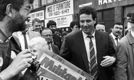 Derek Hatton (right) at the head of a march through the centre of Liverpool in 1985.